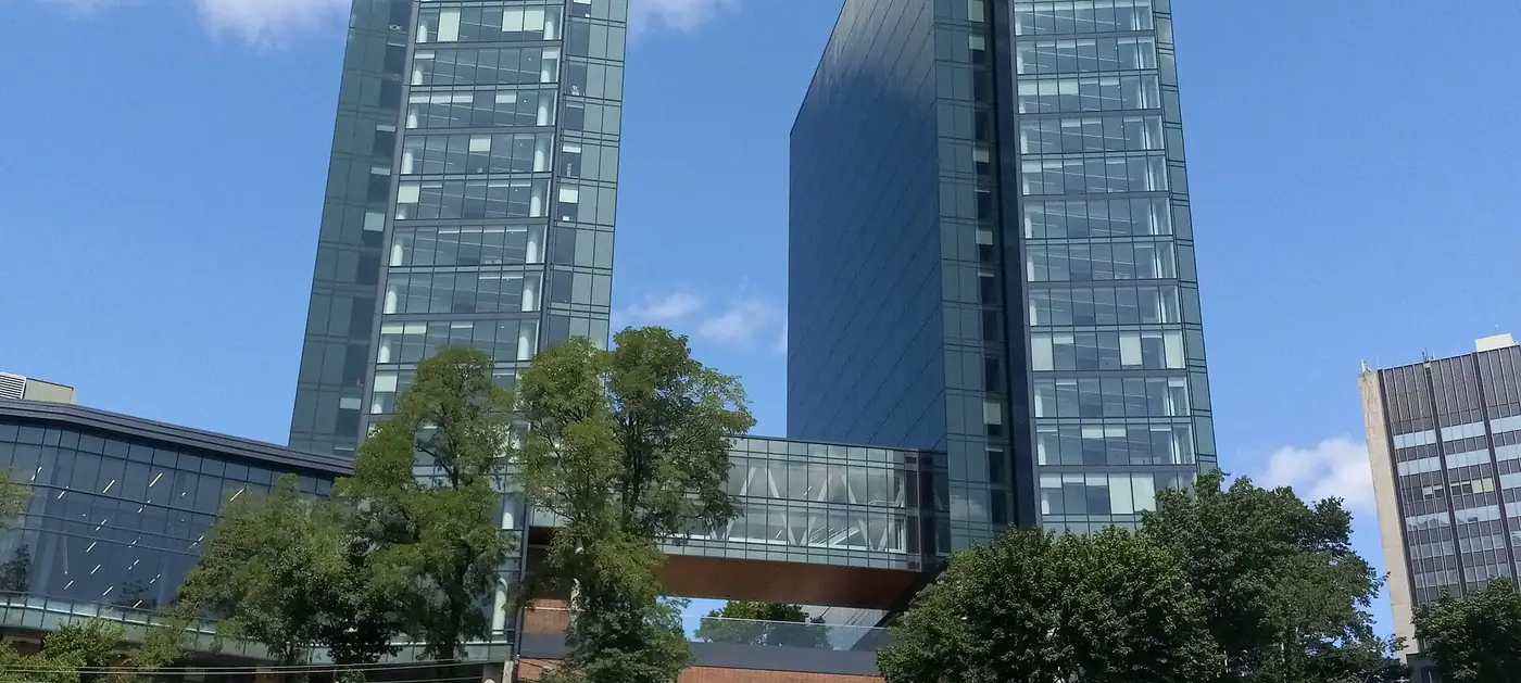 Contemporary towers and glass bridge on the Stevens Castle Point campus